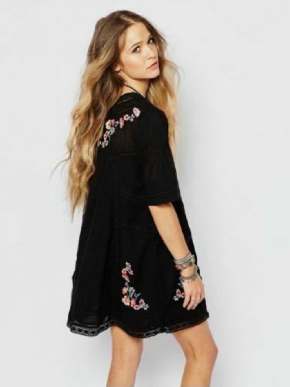 Free People Perfectly Victorian Black Embroidered Mini Dress Size Small Boho - Picture 3 of 13